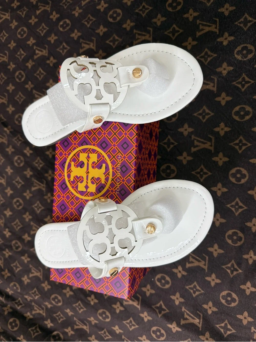 Tory Burch Glossy White Patent Logo Thong Sandals with Gold Accents